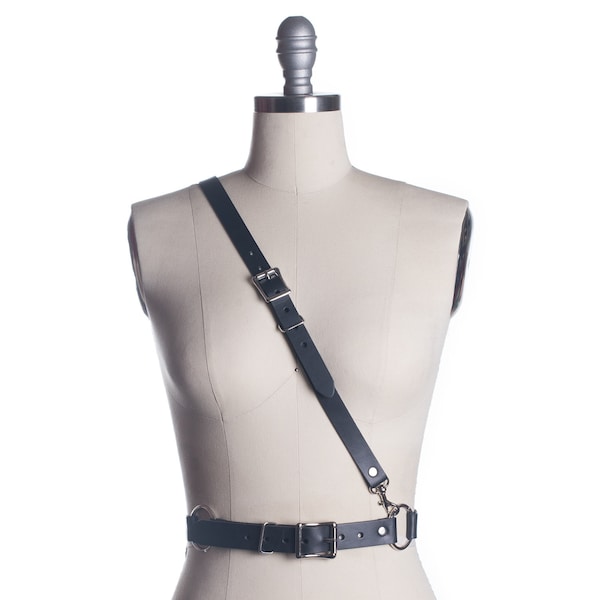 Bandolier Harness - Asymmetrical Belt, Black Leather, Vegan Leather, Gothic Fashion, Military Inspired, Unisex, Industrial Goth, Minimal