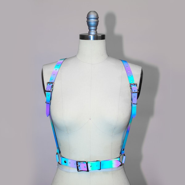 REFLECTIVE HARNESS BELT - Iridescent Holographic Pvc - Rainbow Magic - Unisex - Festival Club Rave - High Fashion - Cyberpunk Rainbow