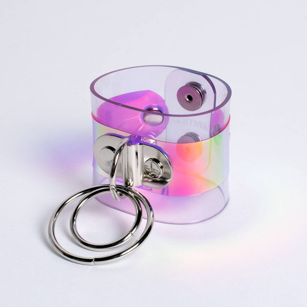 HOLOGRAPHIC TROUBLE CUFF Bracelet - Iridescent Vinyl - Clear Pvc - Minimal - Pastelgoth - Hologram - Holo - Blue Pink Green - O Ring