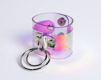 HOLOGRAPHIC TROUBLE CUFF Bracelet - Iridescent Vinyl - Clear Pvc - Minimal - Pastelgoth - Hologram - Holo - Blue Pink Green - O Ring
