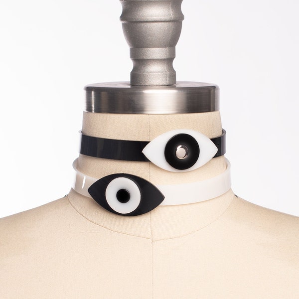 Eye See You Choker Collar - Evil Eye - Black and White PVC - Gothic Witchy Mod - Graphic Statement Necklace - 90s