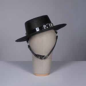 Lydia Harness Hat: Gothic Black Wide Brim Straw Boater Hat with PVC Buckle, Witchy