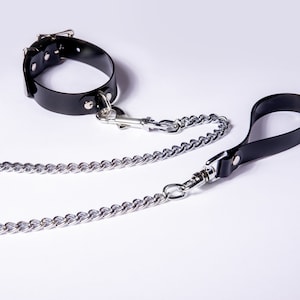 Black PVC Collar with Chain Leash: Gothic Punk Choker Set, Minimal Goth Style