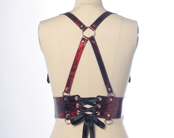 Rot & Schwarz Lackleder Drachen Harness: Gothic Statement Gürtel, Schnürkorsett Band zurück
