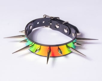Holographic Spiked Choker: Iridescent Rainbow Vinyl and Black Pvc Collar, Punk Festival Fashion