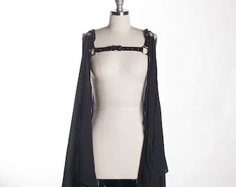 ARNÉS DE PECHO CON CAPA - Top postapocalíptico con capucha - Capa drapeada - PVC o cuero - Gasa - Moda gótica Wraith - Deathrock - Wasteland