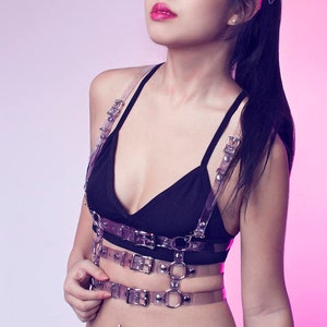 Trinity Harness, Clear Pvc Harness, Black Leather, Triple Buckle Belt, Body Harness Belt, Translucent Vinyl, Goth Alternative Accessory