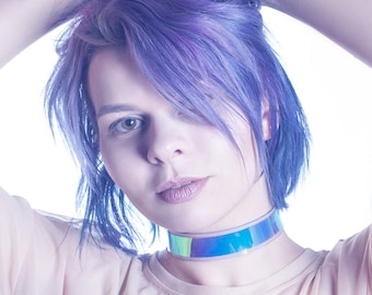 SKINNY HOLOGRAPHIC CHOKER Collar - Iridescent Vinyl - Clear Pvc - Minimal - Pastelgoth - Hologram - Holo