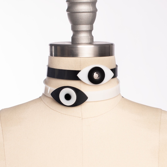 Evil Eye Choker Collar: Black & White PVC, Gothic Witchy Occult Necklace