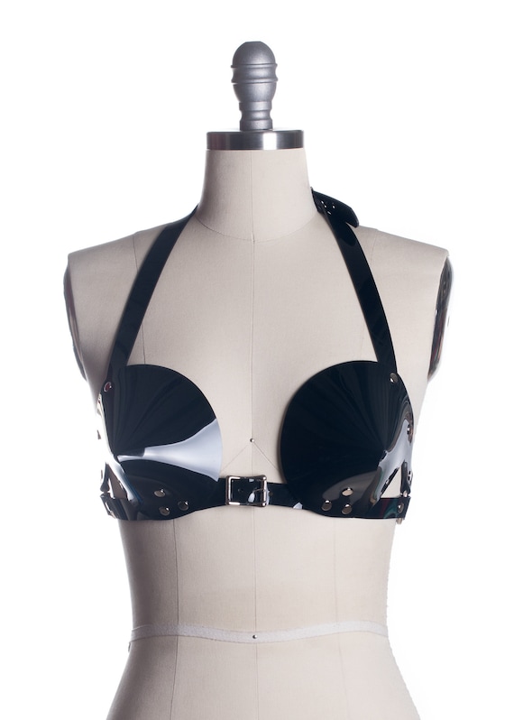 Audrey Harness Bra, Cone Bra, Black Pvc Bullet Bra, Halter Top