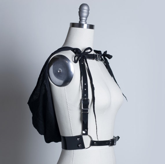 Gothic harness with silver hardware Black Leather Triple 9 Silver O-ring Strap Arm Harness Goth  main image 2