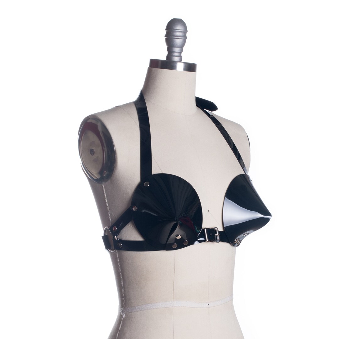Once Balas Lenceria Audrey Harness Bra, Cone Bra, Black Pvc