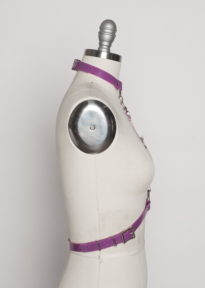 May include: Purple latex harness with a choker and a belt. The harness has silver hardware and is adjustable.