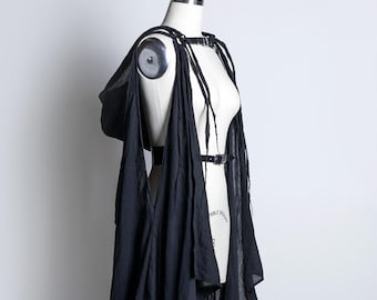 Draped Cape Harness - Post Apocalyptic Harness Belt with Hood - Pvc or Leather - Gauze - Gothic Wraith Fashion - Deathrock - Wasteland