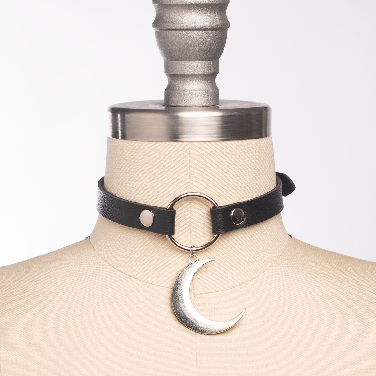 Crescent Moon Choker: Black Vegan Leather O-ring Collar, Witchy Goth ...