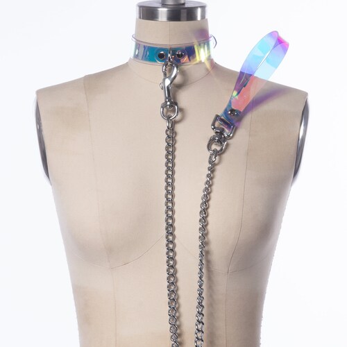 Ensemble collier holographique en PVC et chaîne : tour de cou pastel irisé