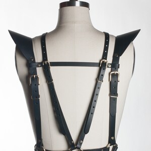 May include: Black leather harness with gold buckles and rings. The harness has shoulder straps and a waist belt.