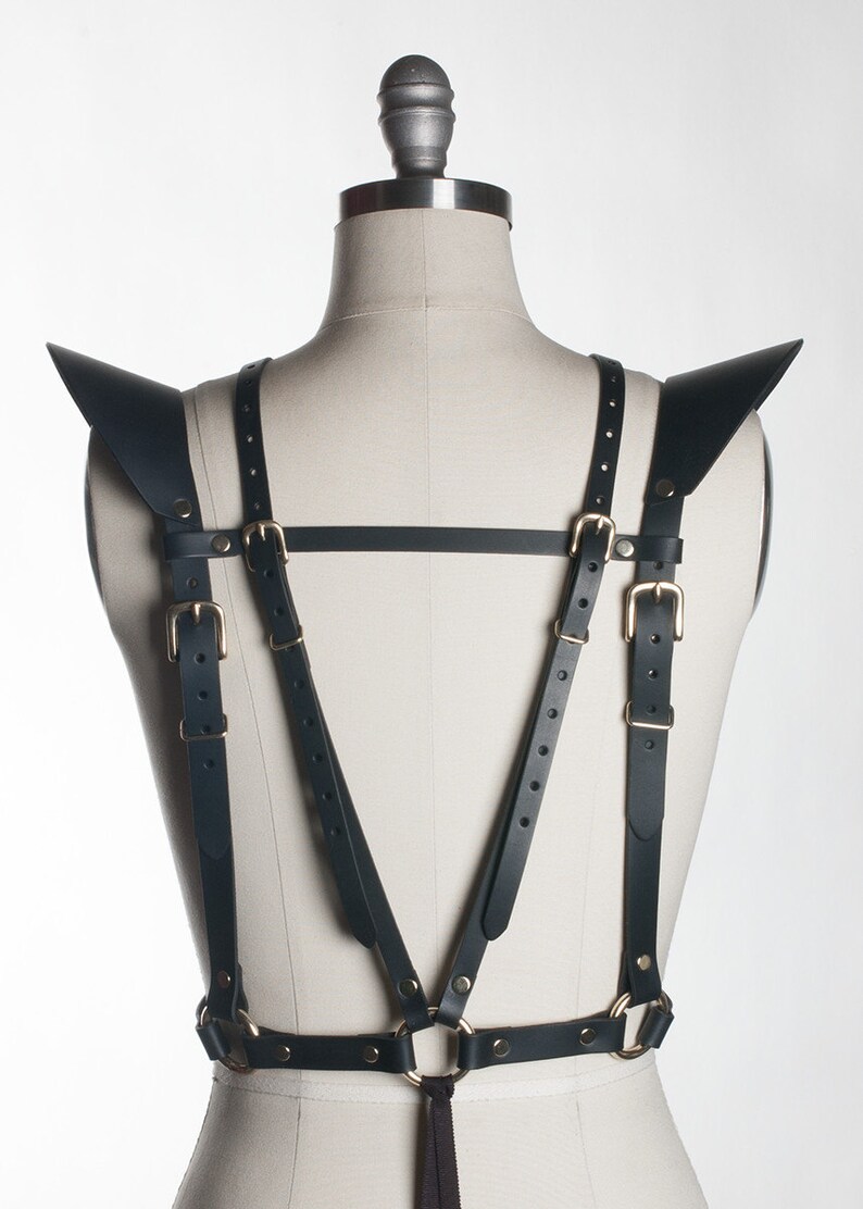 May include: Black leather harness with gold buckles and rings. The harness has shoulder straps and a waist belt.