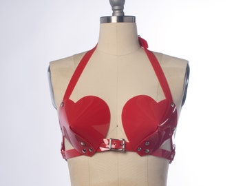 Heart Shaped Harness, Cone Bra, Pvc Halter Top, Retro Bullet Bra, Vegan Leather, Gothic Rave, Pastelgoth Kawaii, Valentine's Day, Red Pink