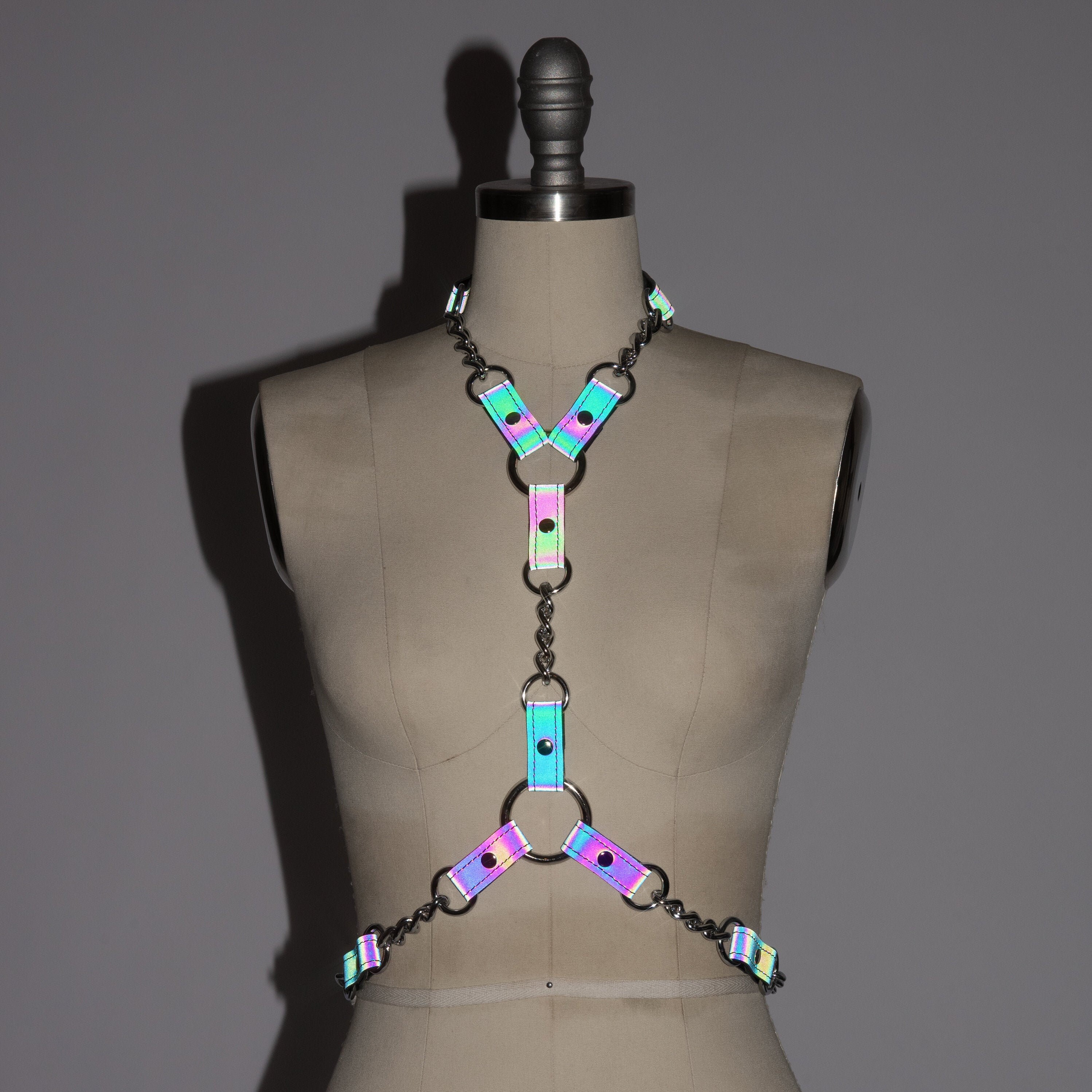 Holographic chain rave belt ring gothic festival iridescent metallic harness new Apatico - Reflective Rainbow Harness - Iridescent  main image 3