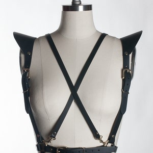 May include: Black leather harness with gold hardware and shoulder straps. The harness has a belt with a buckle and two straps that cross in the front.
