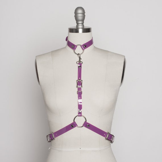 Purple Svelte Harness - Slim Gothic Harness Belt, Pink Pvc Vinyl, Collar Choker, Minimal Style, Nugoth, Festival Fashion, Vegan