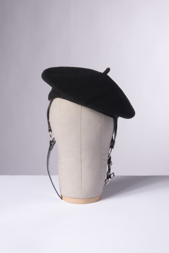 Black Wool Beret Hat With Harness Straps - Gothic Nugoth 