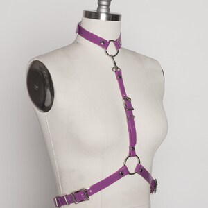 May include: Purple leather harness with silver buckles and rings. The harness has a choker style neckline and straps that connect to a ring in the center of the chest.