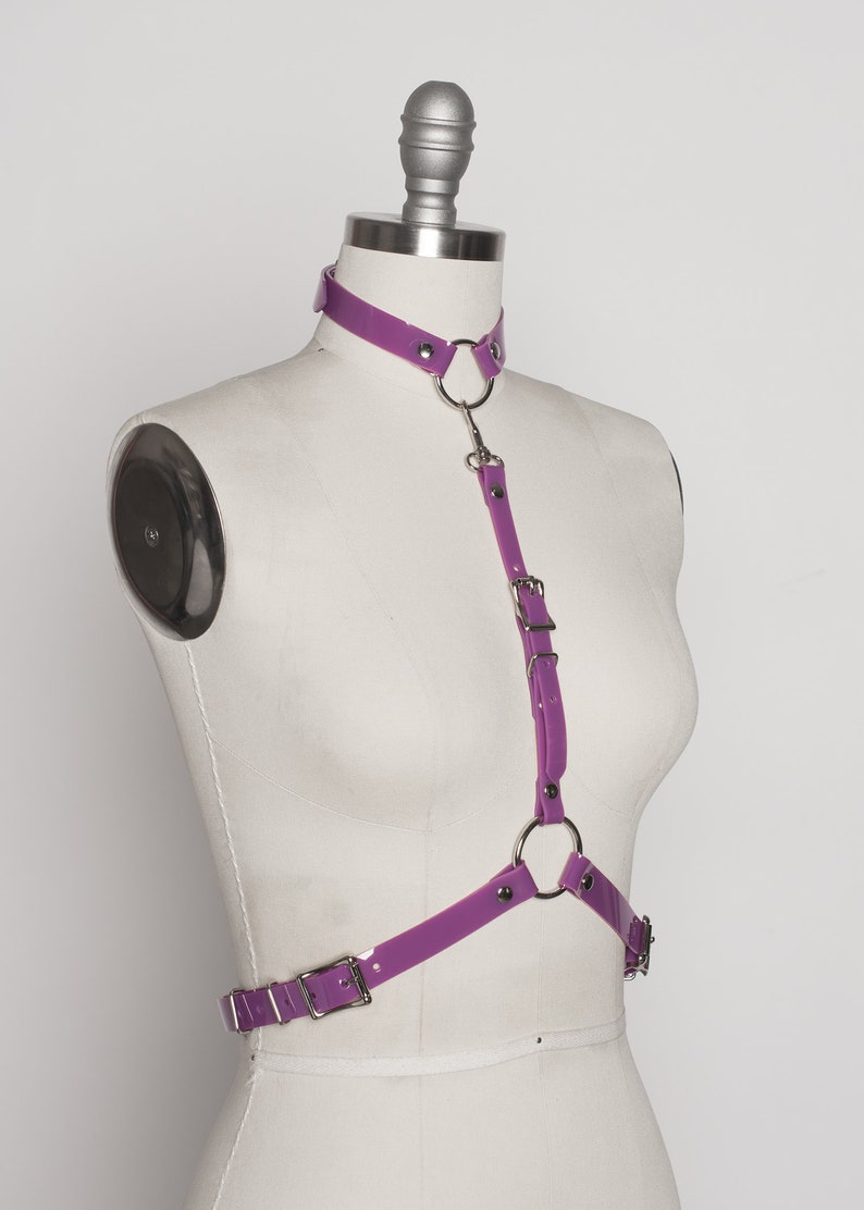 May include: Purple leather harness with silver buckles and rings. The harness has a choker style neckline and straps that connect to a ring in the center of the chest.