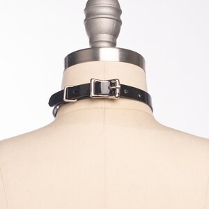 May include: Black leather choker with a silver buckle and a silver ring on the back.