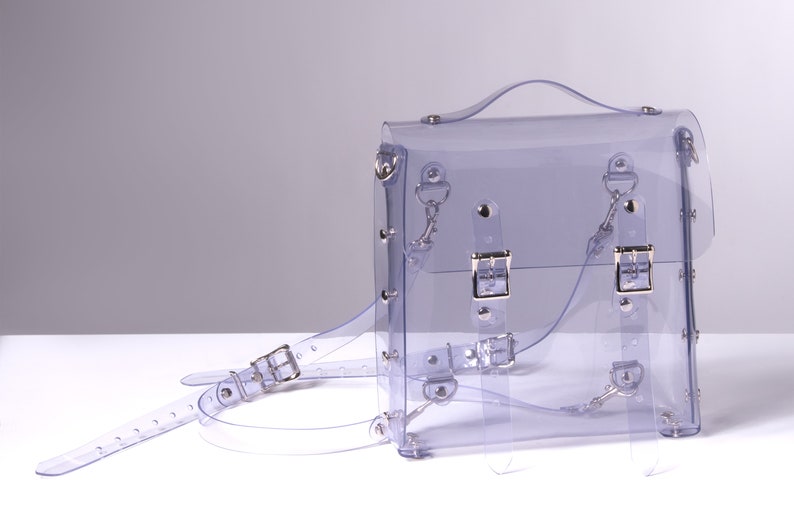 Puede incluir: Una mochila transparente de pl&aacute;stico con hebillas y herrajes plateados. La mochila tiene correas ajustables y un asa superior.