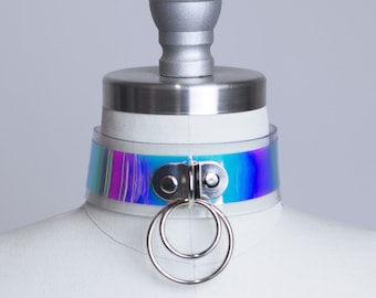 TROUBLE CHOKER COLLAR - Holographic Iridescent Vinyl - Hologram Rainbow  - Clear Pvc - Double Layered O Ring