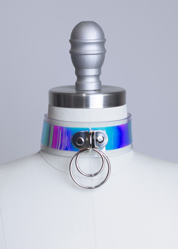 TROUBLE CHOKER COLLAR - Holographic Iridescent Vinyl - Hologram Rainbow  - Clear Pvc - Double Layered O Ring