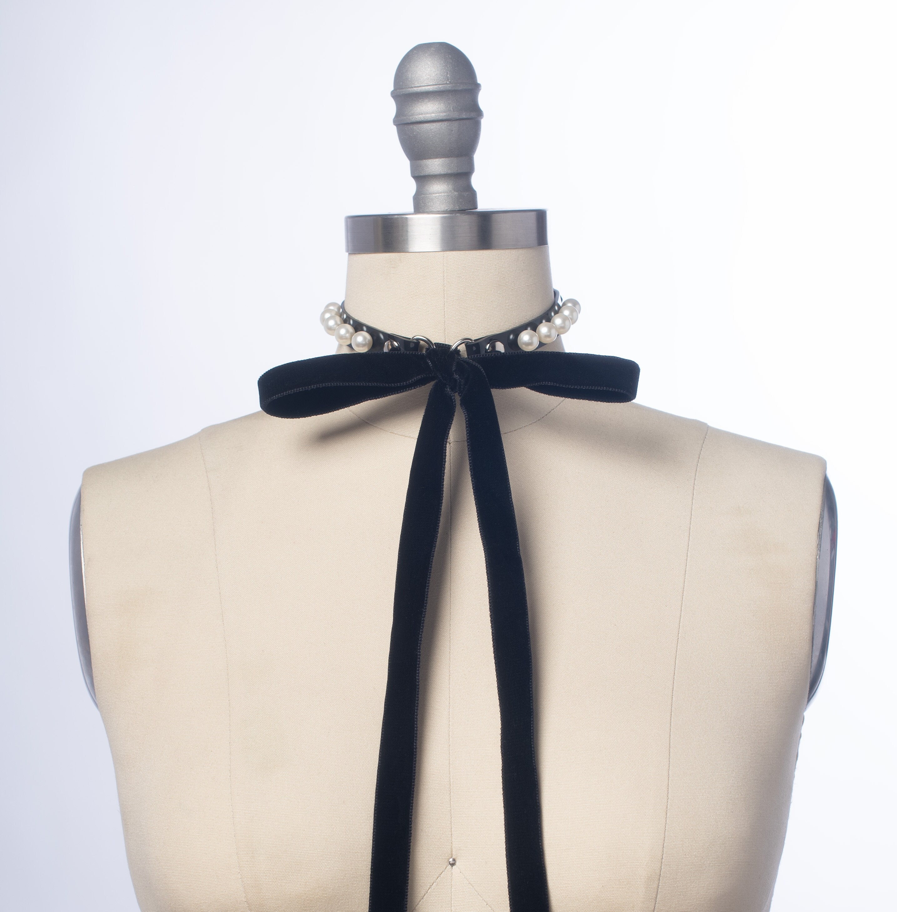 Amelia Pearl Velvet Bow Choker, Black PVC Collar, Soft Gothic 