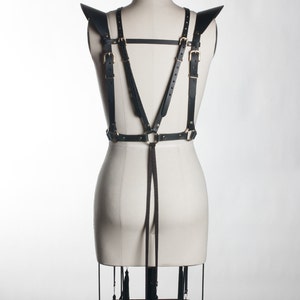 May include: Black leather harness with gold hardware and black tassels. The harness has a V-shaped back and adjustable straps.