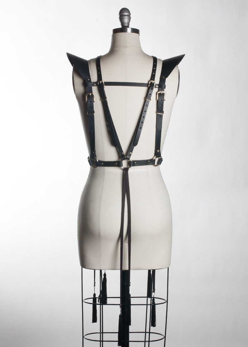 May include: Black leather harness with gold hardware and black tassels. The harness has a V-shaped back and adjustable straps.