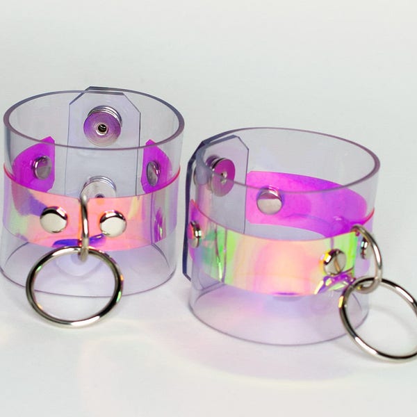 Holographic O Cuff Bracelet - Iridescent Vinyl, Clear Pvc, Minimal, Pastelgoth, Holo Aesthetic, Blue Pink Green, O Ring, Festival Fashion