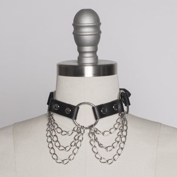 Draped Chain Choker Collar: Black Vegan Leather Gothic Necklace