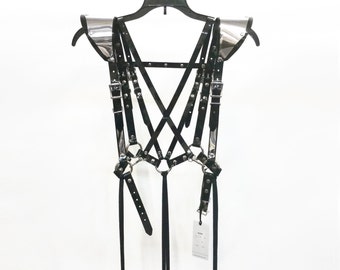 MARCELINE HARNESS - Art Deco Gothic Fashion Epaulettes Harness with Metallic Accents  - Black PVC