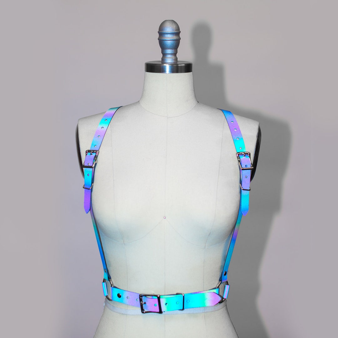 Reflective Harness Belt: Iridescent Rainbow PVC, Rave 