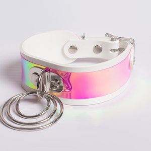 PASTEL RAINBOW CHOKER Collar - Pink Holographic Iridescent Vinyl - Hologram Rainbow  - White Pvc - Triple Layered O Ring