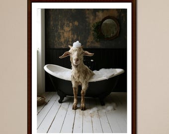 Goat Wall Art Printable Funny Goat In Bathtub Digital Animal Portrait Rustic Farmhouse Bathroom Decor Quirky Goat Print For Kids Or Adults