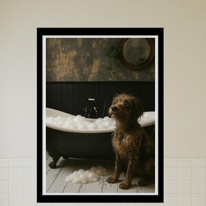 Dog Wall Art Printable Wet Muddy Dog Beside Bathtub Digital Animal Portrait Funny Bathroom Decor Pet Lover Print For Kids Room
