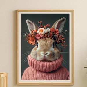 Bunny Wall Art Printable Rabbit In Pink Sweater With Flower Crown Digital Animal Portrait Cute Bunny Print Whimsical Nursery Decor Gift