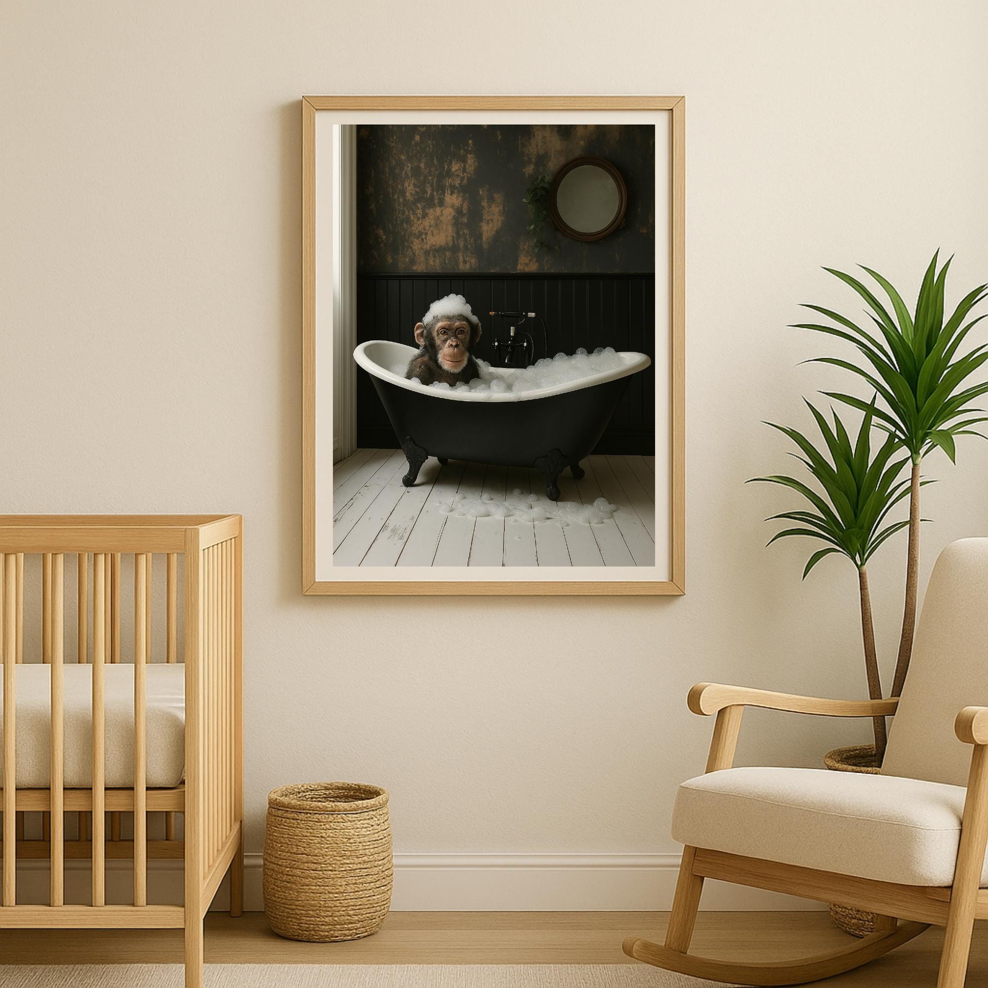 Chimp Wall Art Printable Funny Chimpanzee In Bathtub Digital Animal Portrait Nursery Bathroom Decor Baby Animal Print For Kids Room