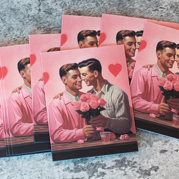 Vintage Gay Couple Valentine's Card - Romantic Two Men Illustration, Love Greeting for Him