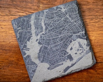 Personalized Slate Coasters - Laser Engraved Street & City Map, Set of 4, Custom Coaster Gift