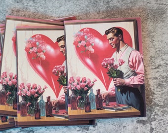 Vintage Valentine's Card - Inclusive Love Greeting, Man with Flowers & Balloons, Romantic Card for All Couples