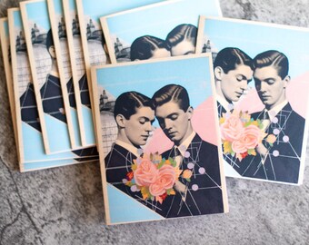 Vintage Gay Couple Valentine's Card - Romantic Two Men Illustration, Love Greeting for Him