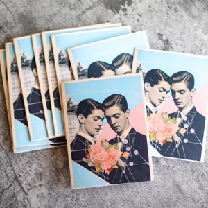 Tarjeta de San Valentín de pareja gay vintage: ilustración romántica de dos hombres, saludo de amor para él